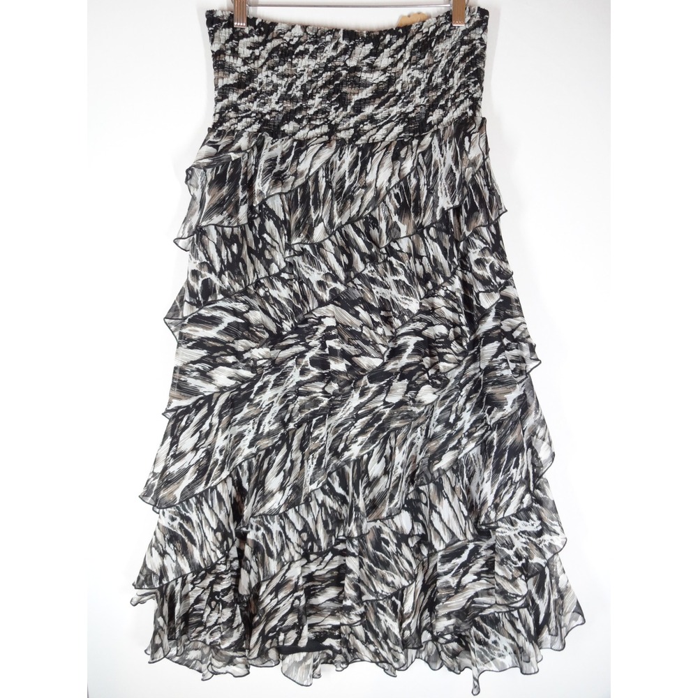 Womens Maxi Skirt M Black White Tiered Ruffle Smocked Boho Shimmer Animal Print